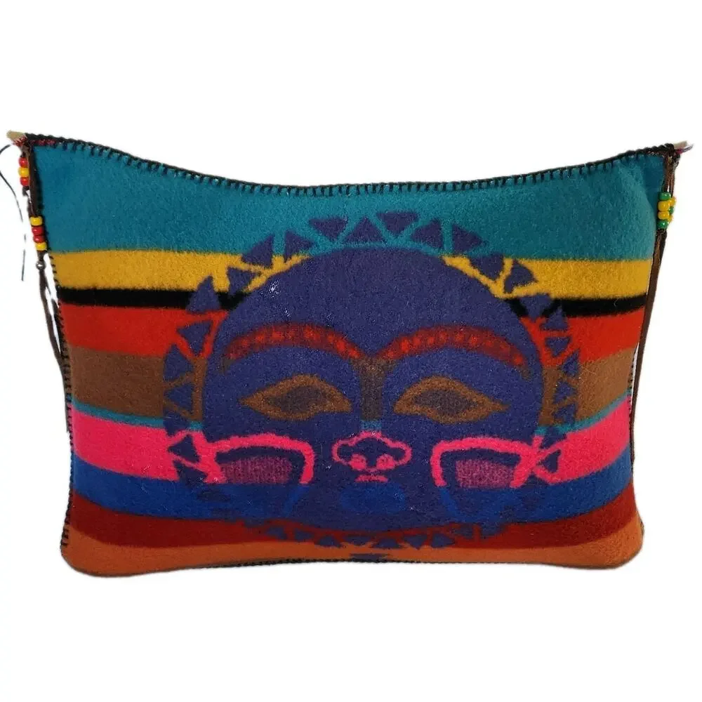 Vintage 70s Artisan Wool Leather Folk Art Tribal Boho Hand Stitched Pillow 20x15